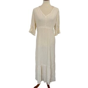 Knox Rose Ivory Swiss Dot V Neck Maxi Dress Boho Crochet Trim Flounce Sleeve L